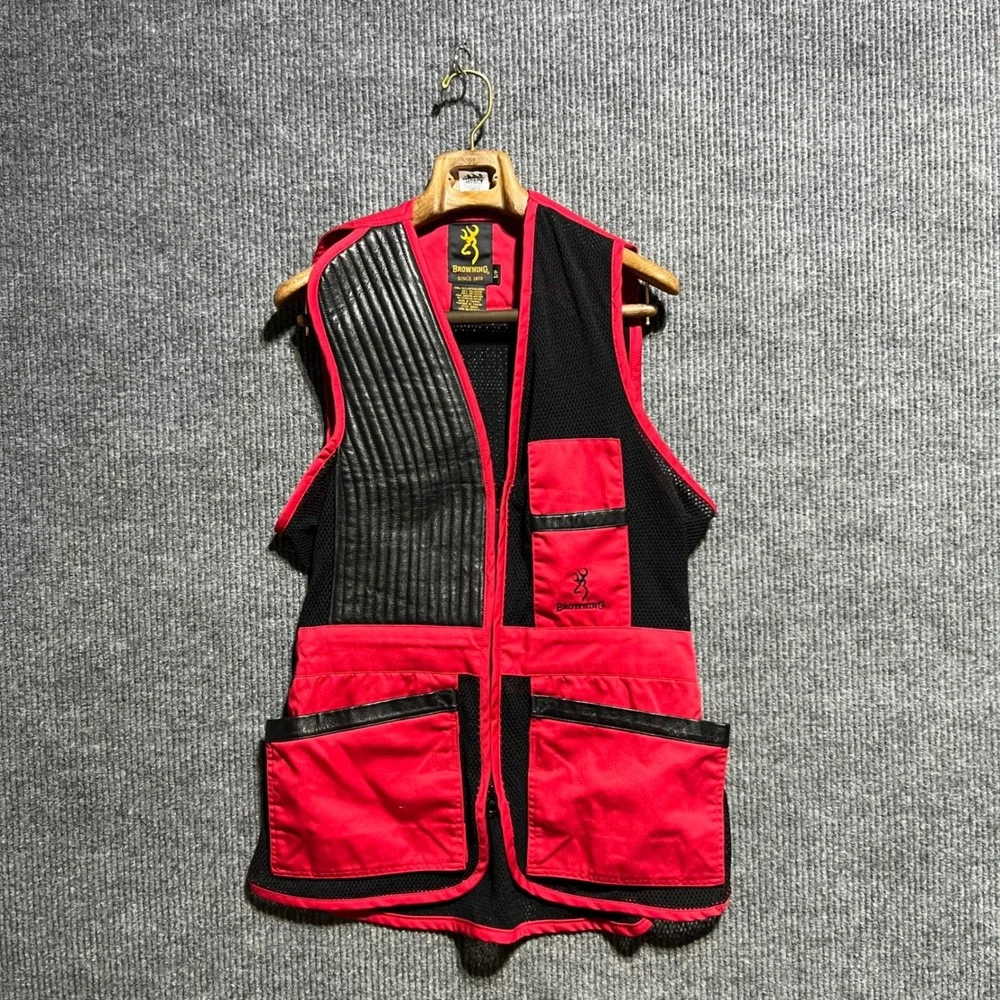 Browning Shooting Vest Mens S Red Black Mesh Leather Trim Buckmark Outdoor